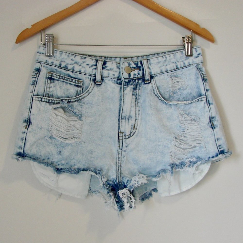 Acid Wash Denim Jean Shorts Light Wash Distressed High Waist Raw Frayed Medium